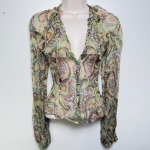 3.1 Phillip Lim Women 100% SILK Top 4 Fairy Royalcore Sheer Ruffle Neck Paisley